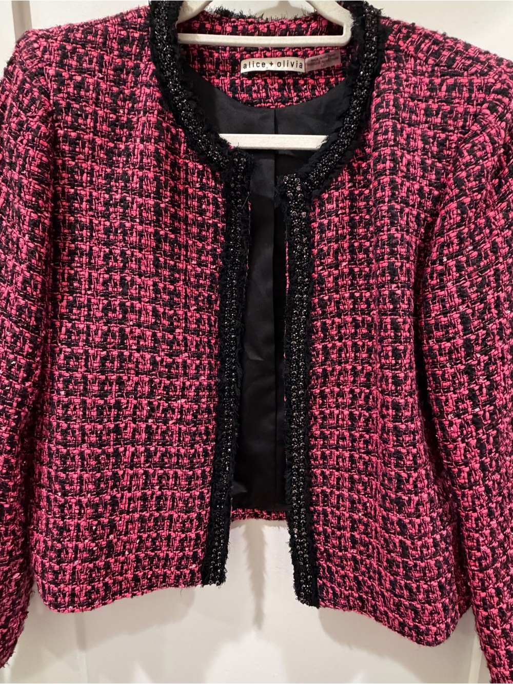 Alice + Olivia Hot Pink Tweed Open-Front Blazer with Black Trim
